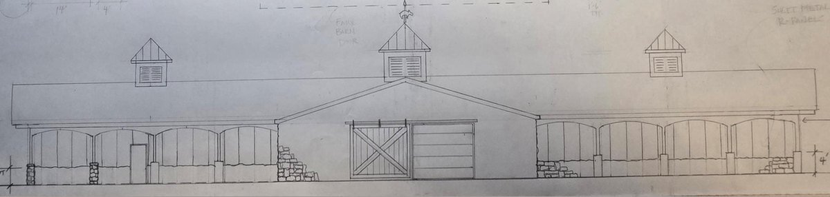 Hand-drawn front elevation of the Van Alstyne ISD hog, chicken and rabbit building